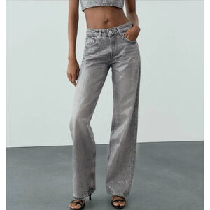 ZARA Light Gray Wide Leg Jeans w/ Sequins